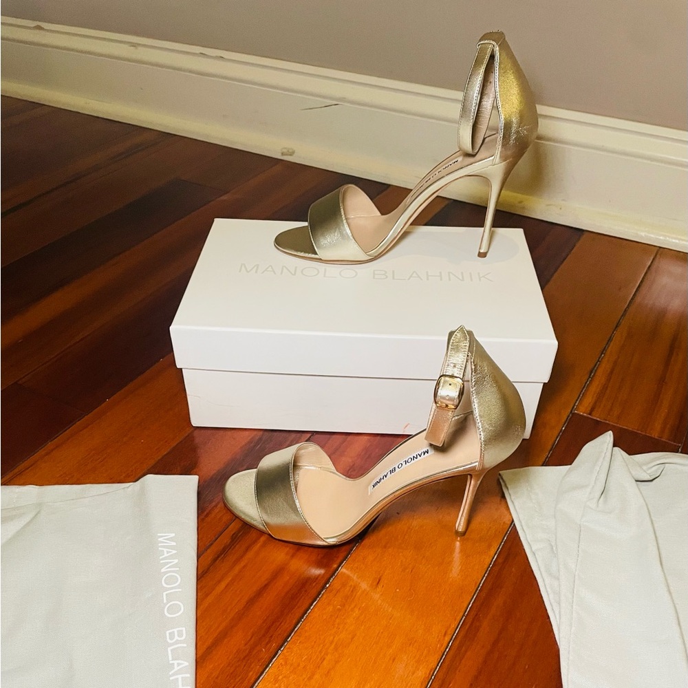 Manolo Blahnik gold ankle strap sandal